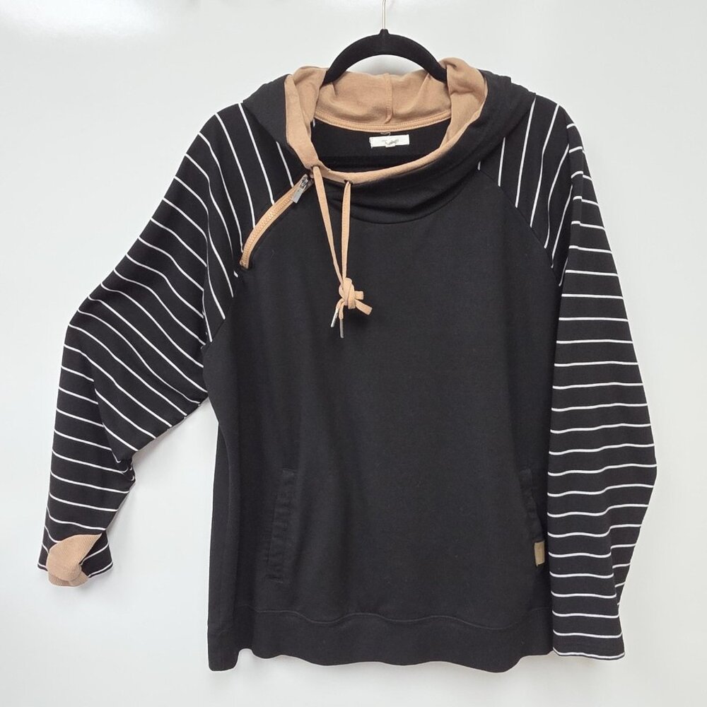 Maurices Hoodie Womens XL Black Striped Sleeves Cowl Neck Zip Pullover Pockets
